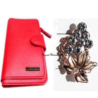 Womens Red Leather wallet with gold tone brooch image 1
