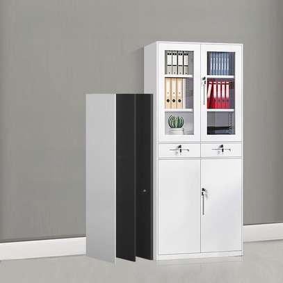 Metal Storage Cabinet with Drawers and Glass Doors image 4