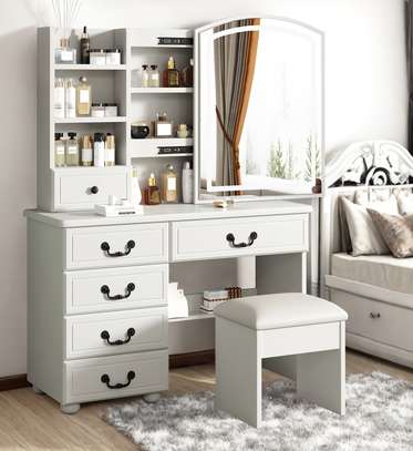 Dressing Table : White Vanity Dresser with Mirror and Stool image 7