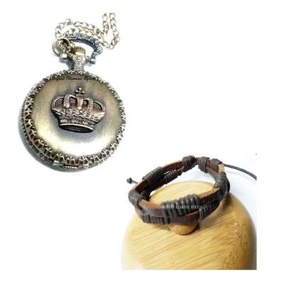 Mens Brass Crown Pocket watch with leather bracelet image 1