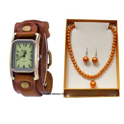 Womens Brown Leather watch and pearl jewelry set image 1