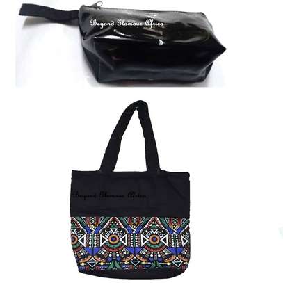 Womens Denim ankara handbag with black coin purse image 1