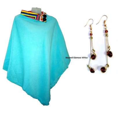 Womens Teal cotton poncho and dangle earrings image 2