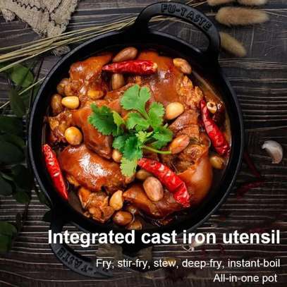 Pre-seasoned Pure Cast Iron Flat Bottom Wok with Wooden Lid image 4