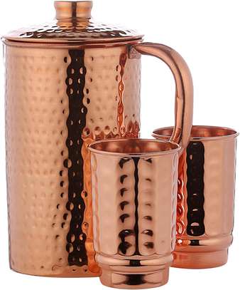 Pure Copper Hammered Water Jug with 2 Copper Tumblers image 2