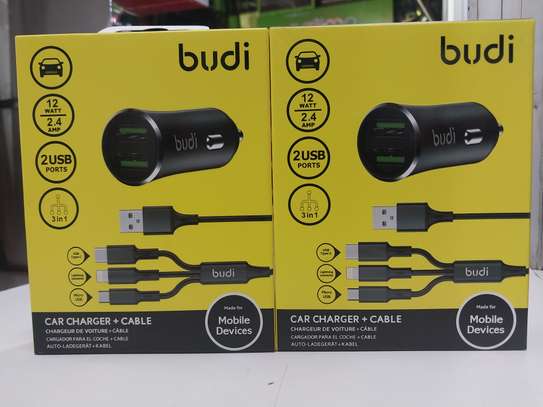 Budi 12W 2 USB car charger with 3 in 1 cable image 1