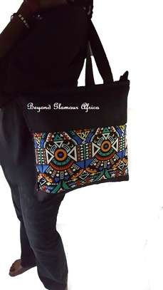 Womens Denim ankara handbag with black coin purse image 3