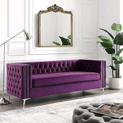 3 seater deep tufted purple sofa image 1