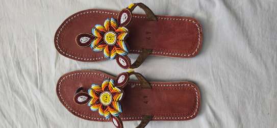 Handmade Beaded Sandals Brown Leather Floral Design image 3