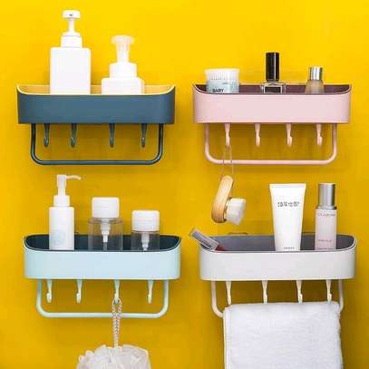 Bathroom shelf organizer with 5 hooks and towel hanger image 1