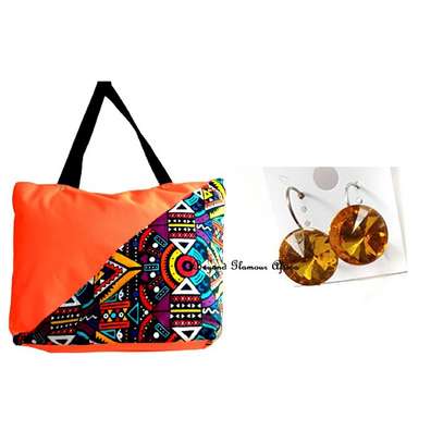 Womens Orange canvas ankara bag with earrings image 4