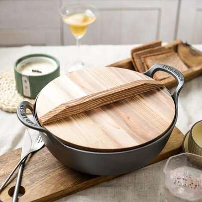 Pre-seasoned Pure Cast Iron Flat Bottom Wok with Wooden Lid image 5
