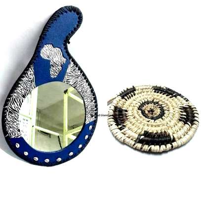 Blue Leather calabash mirror with woven coaster image 1