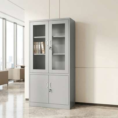 White Metal Storage Cabinet with Lockable Glass Doors image 2