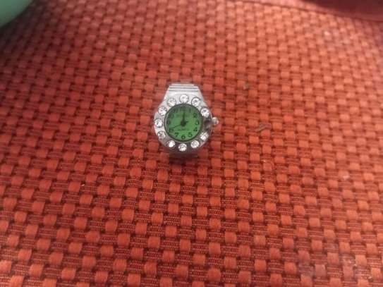 Silver Ring Watch with Rhinestones and Green Dial image 4