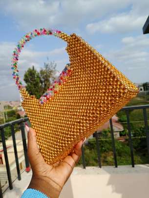 Handmade Gold Beaded Handbag with Multicolor Handle image 3