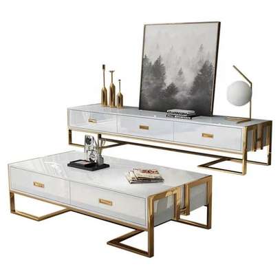 Modern Coffee & TV Table Set White Gold Frame image 12