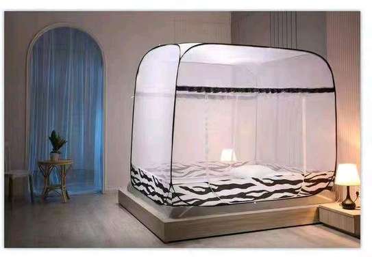Pop-Up Bed Mosquito Net White Purple Trim Standard image 4