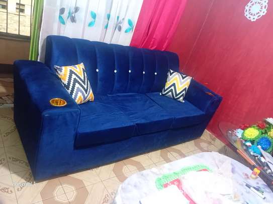 Blue Velvet Sofa with Cup Holders Plush Cushioning image 3