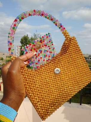 Handmade Gold Beaded Handbag with Multicolor Handle image 4
