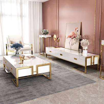 Modern Coffee & TV Table Set White Gold Frame image 6