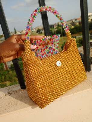 Handmade Gold Beaded Handbag with Multicolor Handle image 2