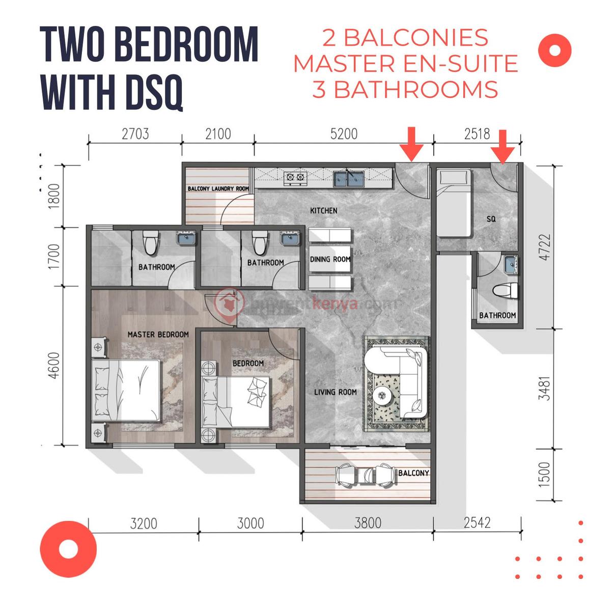 two bedroom with dsq layout