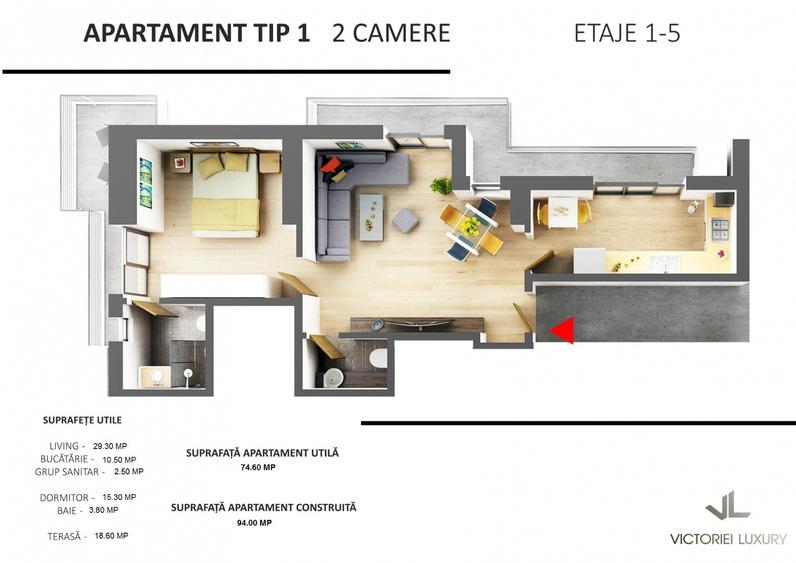 Apartament cu 2 camere, 2 băi și balcon – central, lângă Piața Victoriei