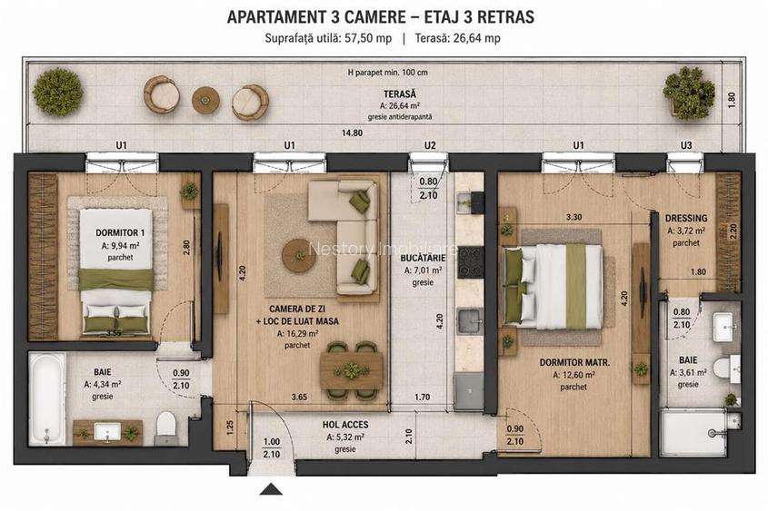 Apartament 3 camere|terasa 27mp|Bloc boutique| Floresti - 11
