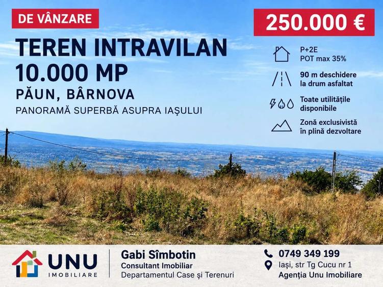 TEREN INTRAVILAN 10.000 MP, BUCIUM PĂUN, P+2E, PANORAMĂ IAȘI, 25 EURO/MP