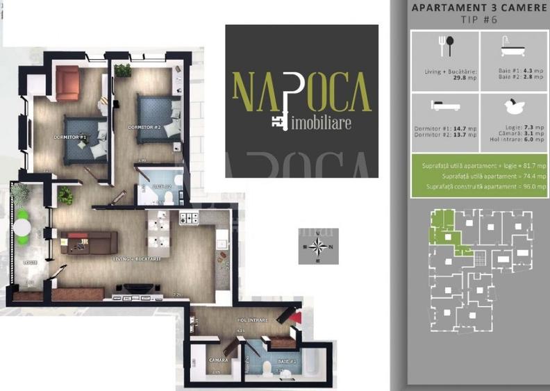 Apartament 3 camere de vanzare in Floresti