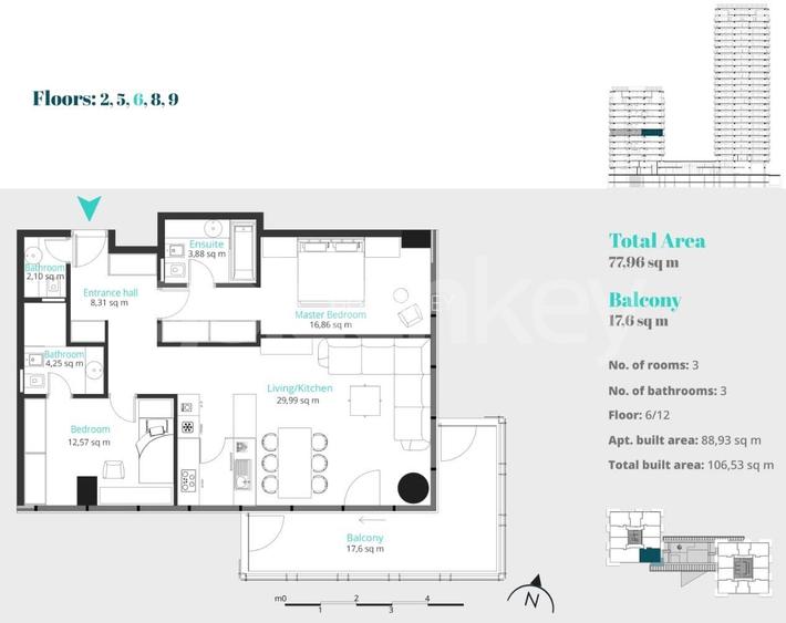 Vedere libera Sud | Apartament 3 camere, 3 bai | 107mp - 1