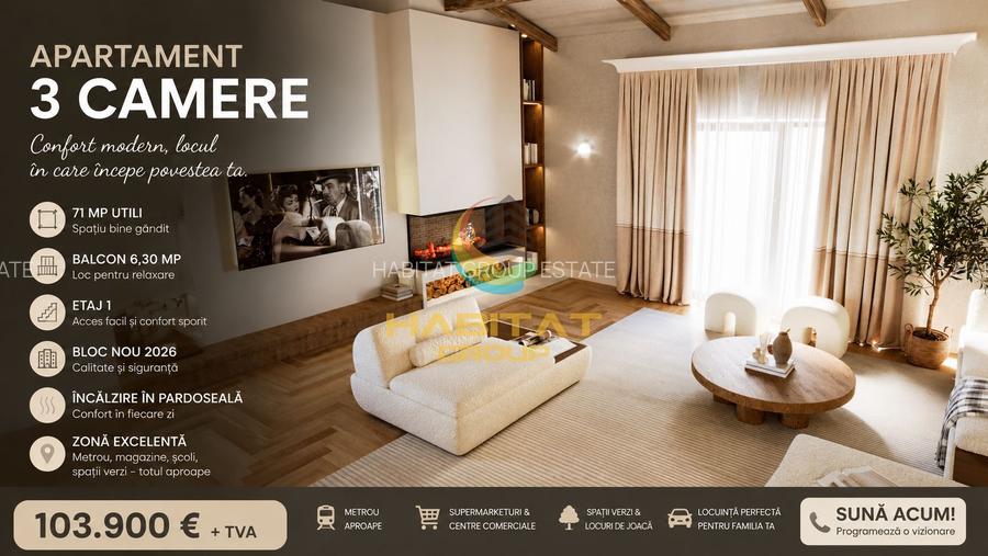 Apartament 3 camere în bloc nou, 71 mp utili - balcon 6,30 mp Popești Leordeni - 2