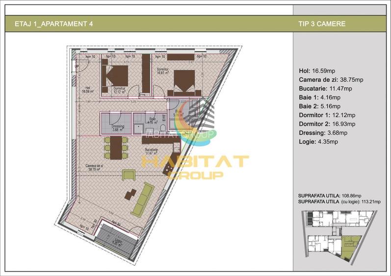 3 Camere nou Timpuri Noi etaj 1 mutare urgenta 113.21 mp - 2