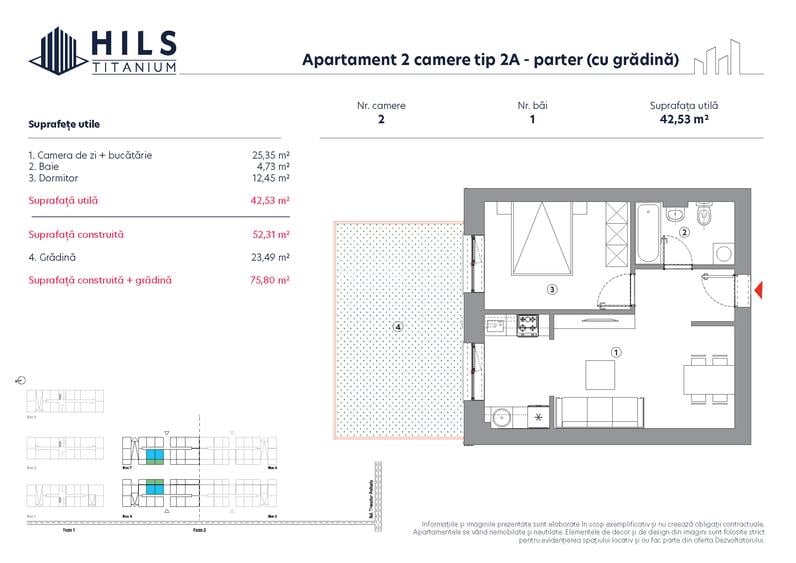 Apartament 2 camere cu gradina  HILS Titanium faza 2 | Tip 2A Parter | - 2