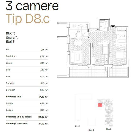 Apartament cu 3 camere  tip D8 | PRIMA ASTERA | FAZA II - 1