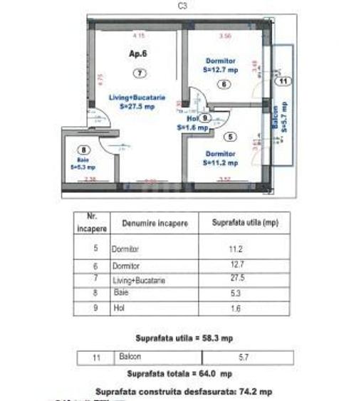 Apartament 3 camere | 58,3 mp | COMISION 0%
