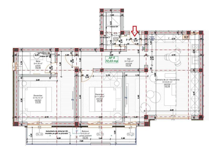 Bloc nou. Apartament cu 3 camere spations. 2 Bai. Etaj 1 - 10