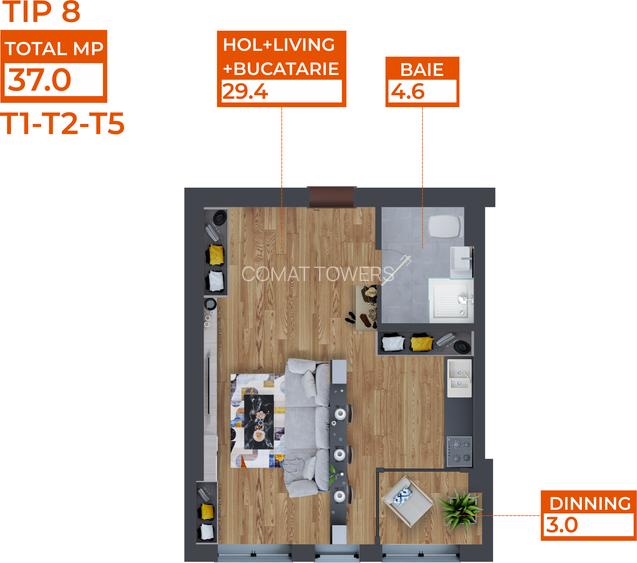 Apartament 1 Cameră | TIP 8 | Studio | 37mp | Complex Comat Towers - 1