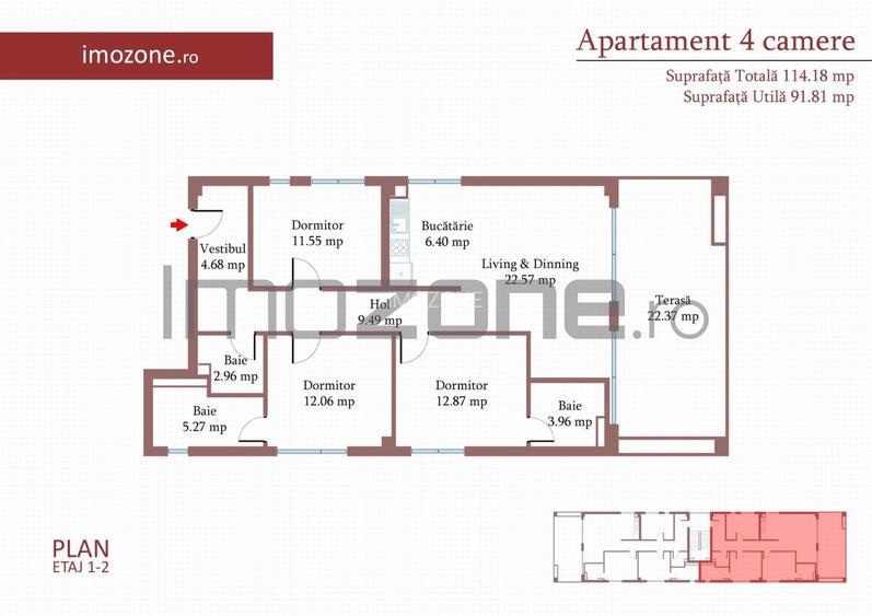 4 camere cu terasa de 22 mp, 3 bai, etaj 1/3, FINISAT MODERN,  COMISION 0% - 11