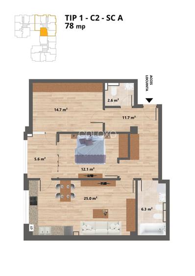 Proiect NOU - Sun Residence - Apartament 3 camere - TIP 1-C2-A - 78 Mp - 1