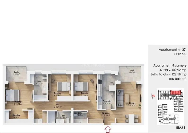 4 Camere 110mp utili 3 bai 15min metrou 1 Dec decomandat  Etaj 3 - 2