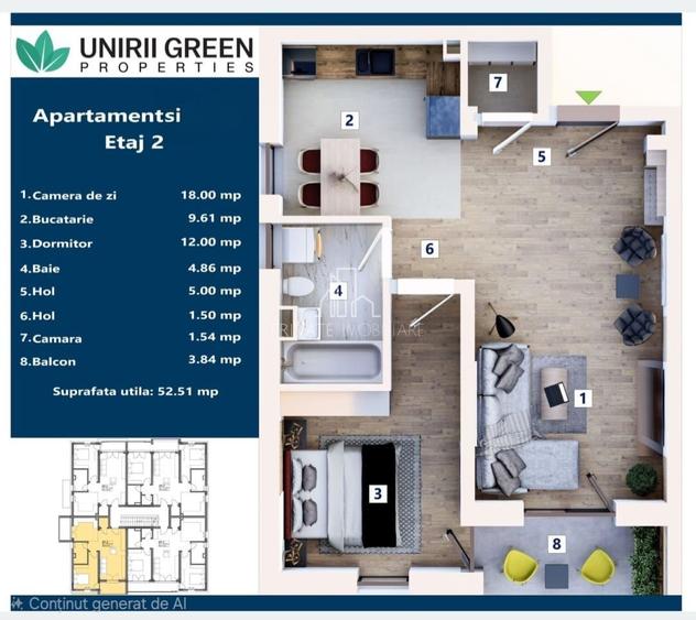 Apartament 2 camere, 52mp, Bloc Nou, Parcare inclusa