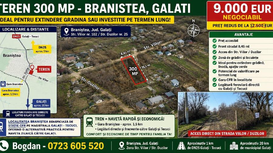 Branistea, Galati Teren 300 mp, Strada Viilor, deschidere 8,45  ml