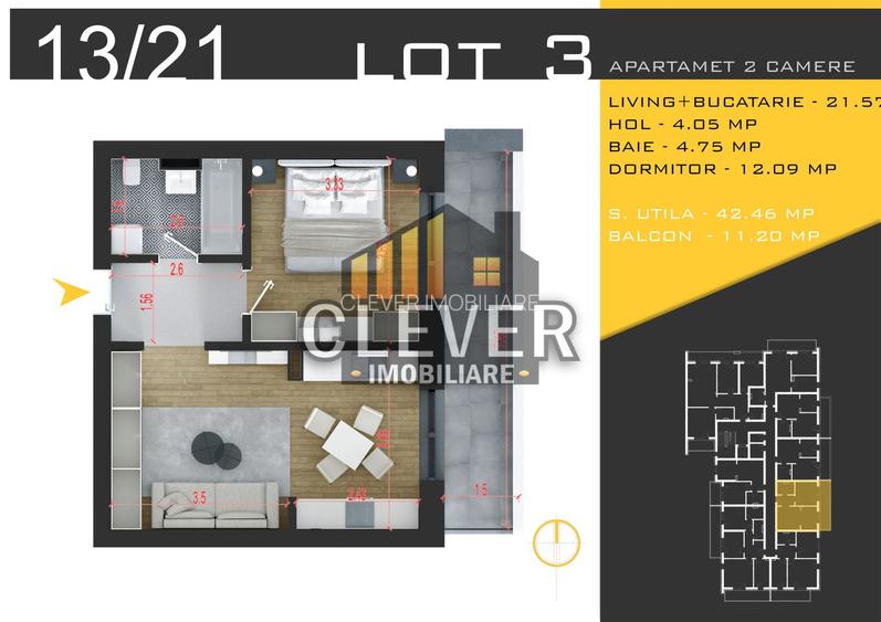2 camere | 53,66 mp total | Balcon 11 mp, Pallady | Comision 0% - 1