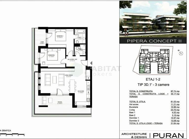 Apartament 3 camere | 81.53 mp utili + terasă 35 mp  PIPERA CONCEPT II - 3