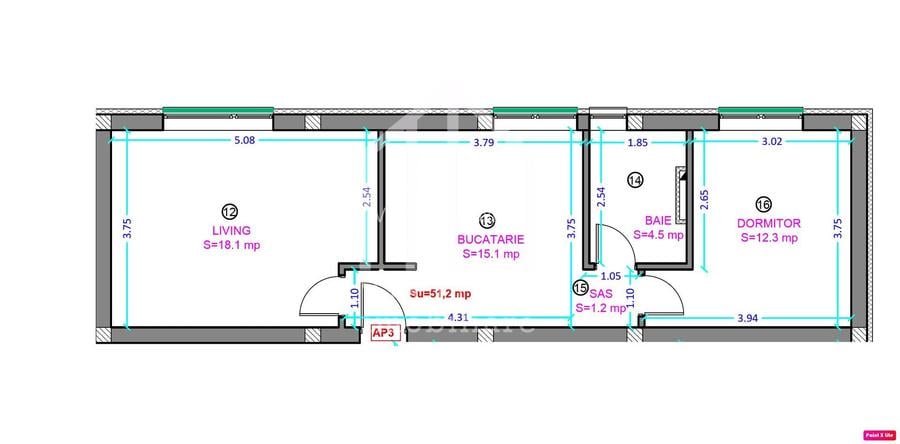 Apartament 2 camere, decomandat - 51,2 mp  - Shopping City Sibiu - 3
