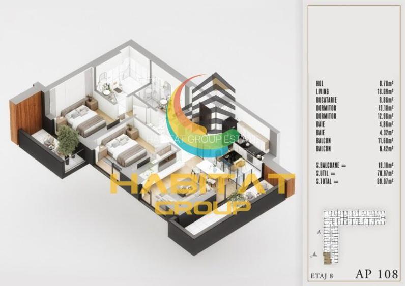 3 camere nou Pallady decomandat 89 mp LUX - 16