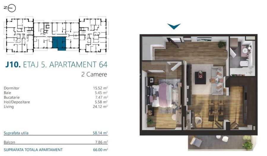 Apartament cu 2 camere, 58 mp, Ansamblu Rezidential, zona RIVUS - 2