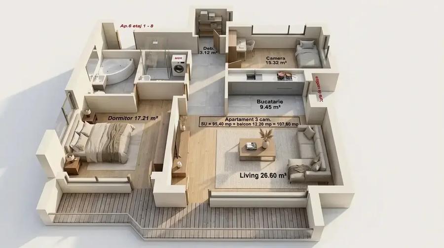 3 Camere Premium | 96mp | Terasă Generoasă